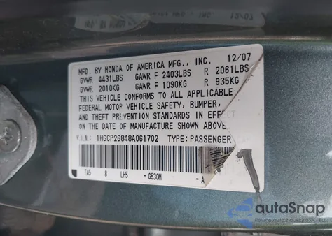 2008 Honda Accord 2.4 Ex-L from USA, damaged, VIN 1HGCP26848A061702